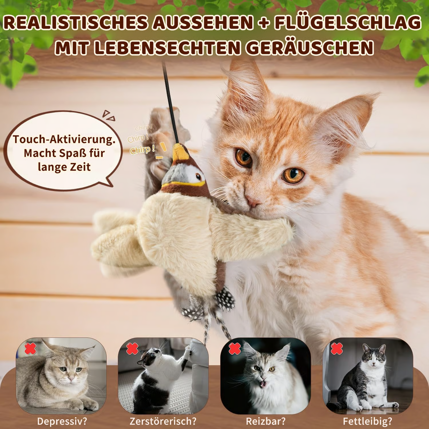 Flappendes Vogel-Katzenspielzeug – USB-aufladbarer und bewegungsaktivierter zwitschernder Vogel
