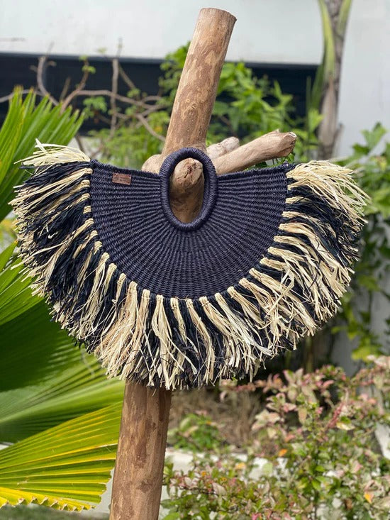 Quasten-Detail Strohgeflochtene Handtasche – Urlaubsreise-Geflecht-Tasche