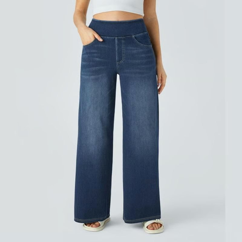 Damen High-Waist Baggy Weite Bein Stretch Strick-Jeans mit mehreren Taschen – Bequeme Casual Denim