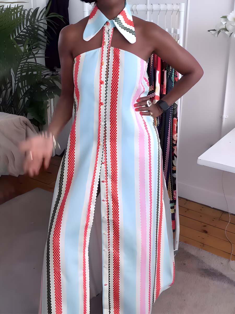 Kleid mit Schulterfreier-Stil und Streifenmuster