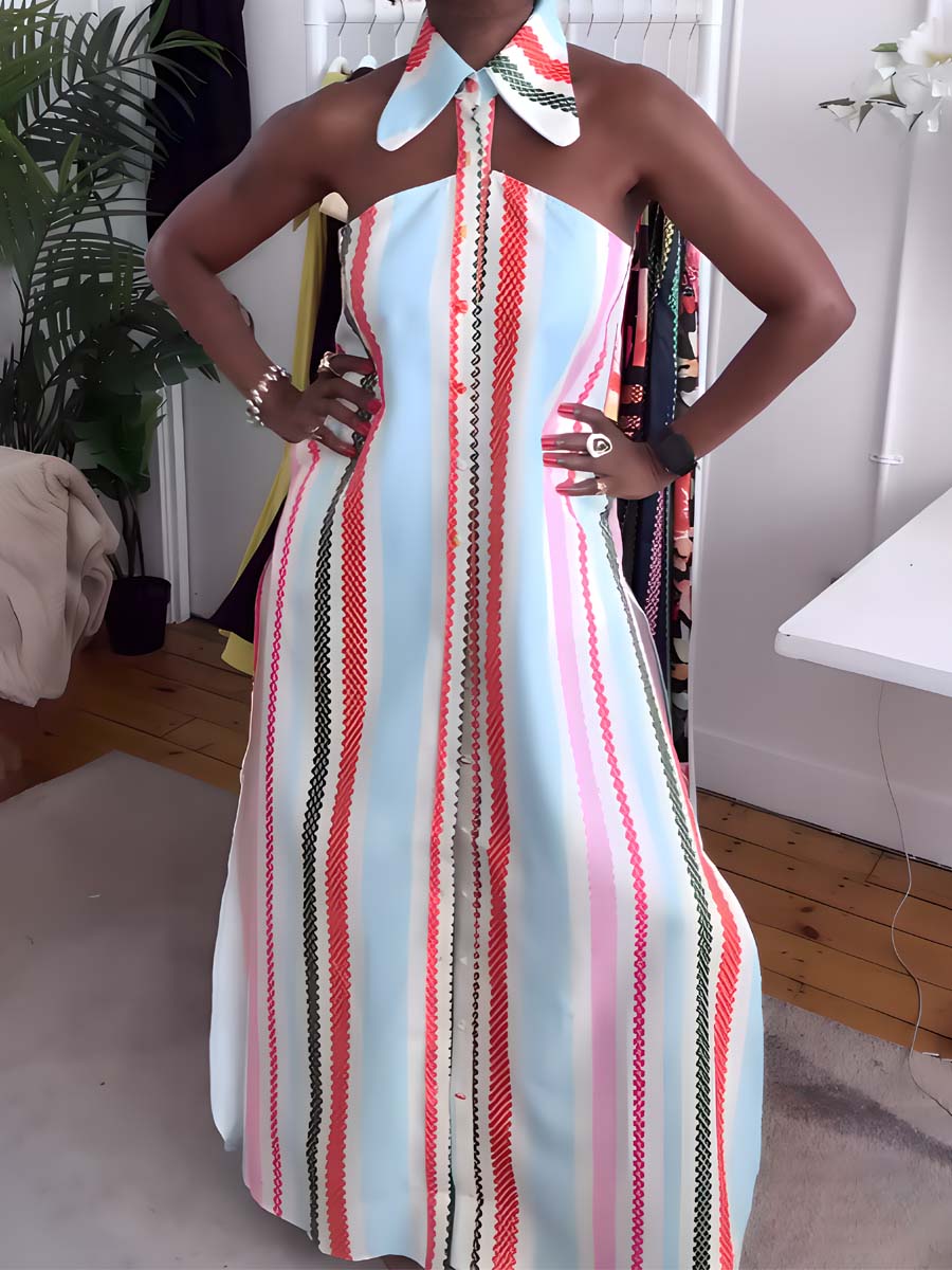 Kleid mit Schulterfreier-Stil und Streifenmuster