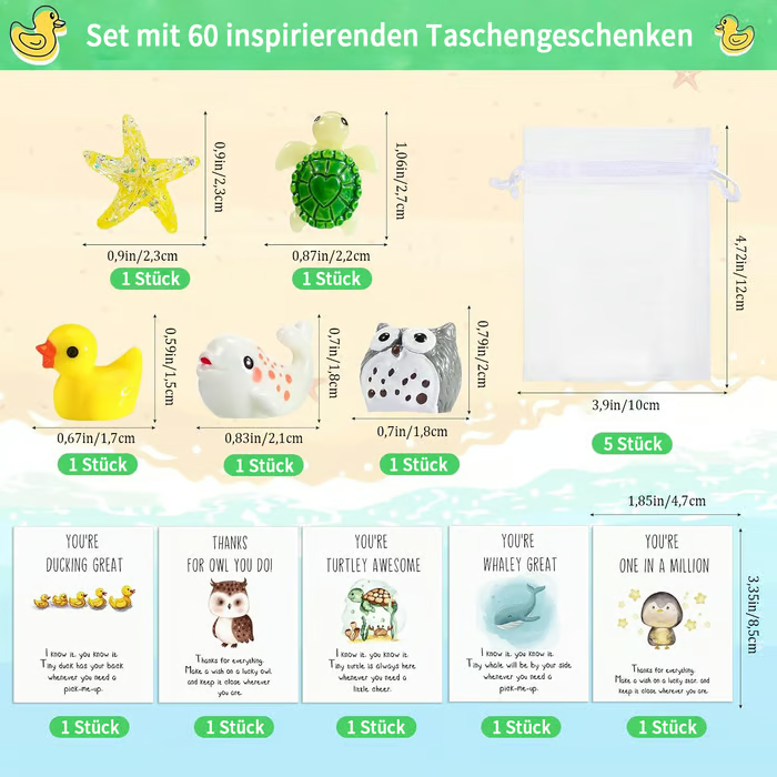 50 Sets Mitarbeiter-Anerkennungsgeschenke – Lustige Harztiere mit Dankeskarten (150 Stück)