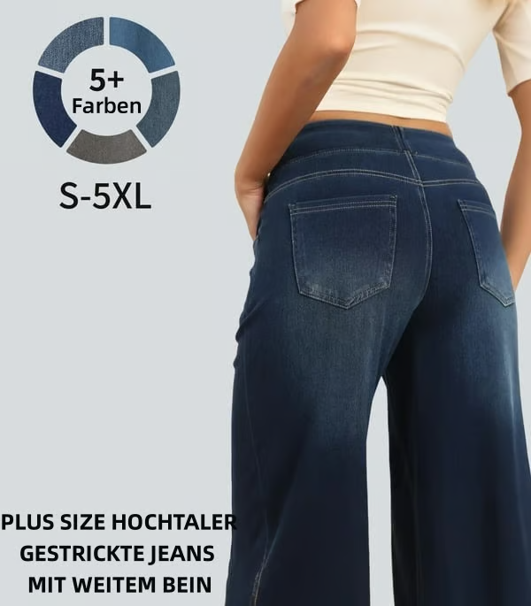 Damen High-Waist Baggy Weite Bein Stretch Strick-Jeans mit mehreren Taschen – Bequeme Casual Denim