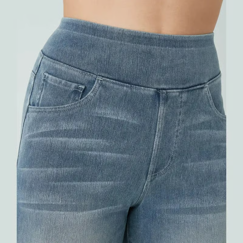 Damen High-Waist Baggy Weite Bein Stretch Strick-Jeans mit mehreren Taschen – Bequeme Casual Denim
