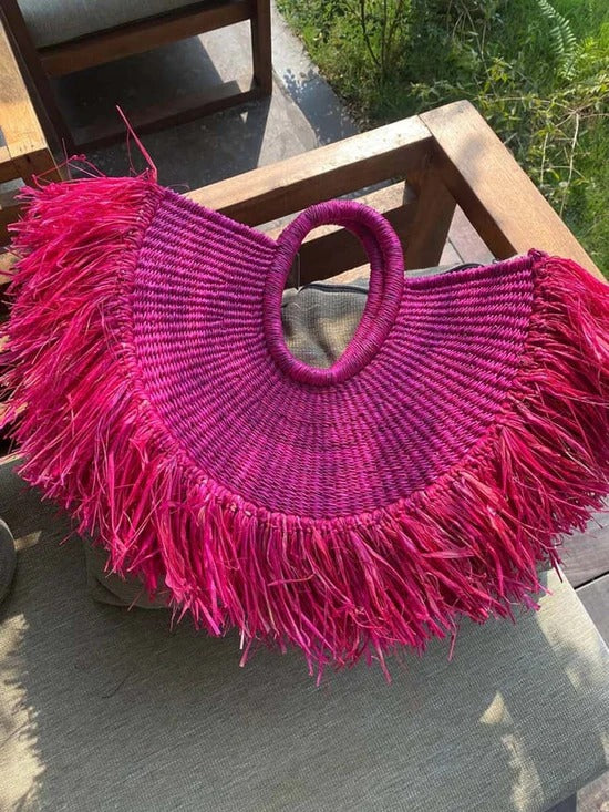Quasten-Detail Strohgeflochtene Handtasche – Urlaubsreise-Geflecht-Tasche