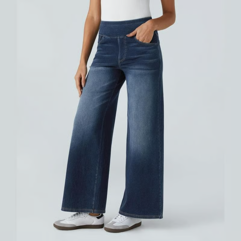 Damen High-Waist Baggy Weite Bein Stretch Strick-Jeans mit mehreren Taschen – Bequeme Casual Denim