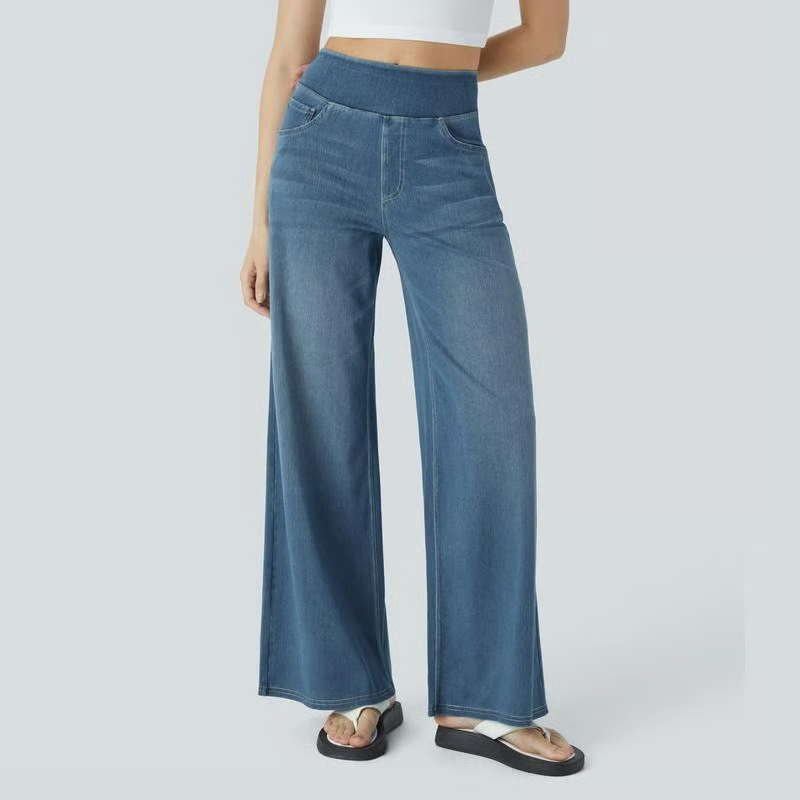 Damen High-Waist Baggy Weite Bein Stretch Strick-Jeans mit mehreren Taschen – Bequeme Casual Denim