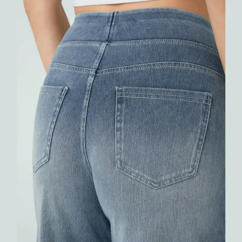 Damen High-Waist Baggy Weite Bein Stretch Strick-Jeans mit mehreren Taschen – Bequeme Casual Denim