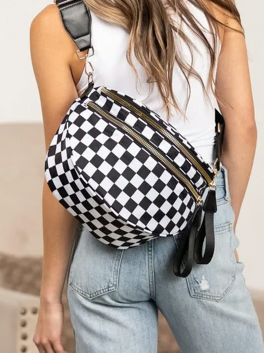 Schwarz-weiß kariertes Nylon-Bauchtasche