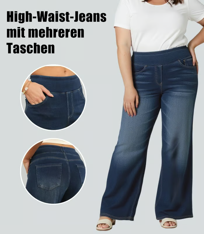 Damen High-Waist Baggy Weite Bein Stretch Strick-Jeans mit mehreren Taschen – Bequeme Casual Denim