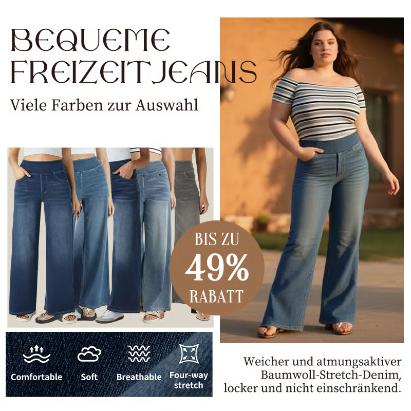 Damen High-Waist Baggy Weite Bein Stretch Strick-Jeans mit mehreren Taschen – Bequeme Casual Denim