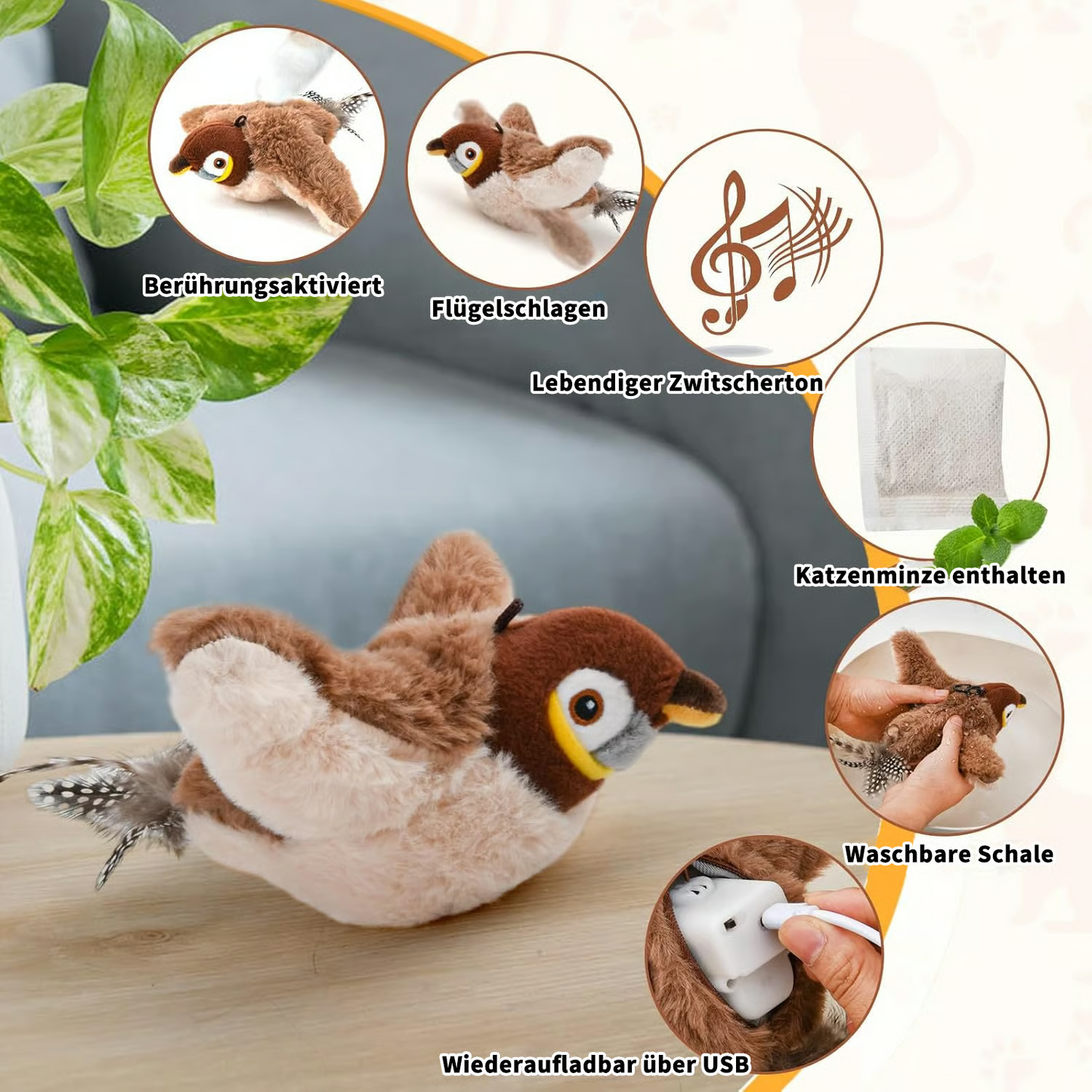 Flappendes Vogel-Katzenspielzeug – USB-aufladbarer und bewegungsaktivierter zwitschernder Vogel