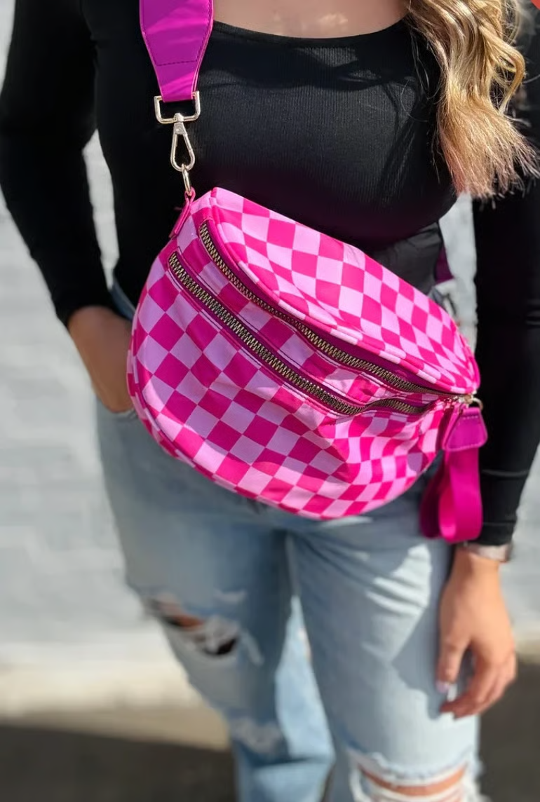Schwarz-weiß kariertes Nylon-Bauchtasche