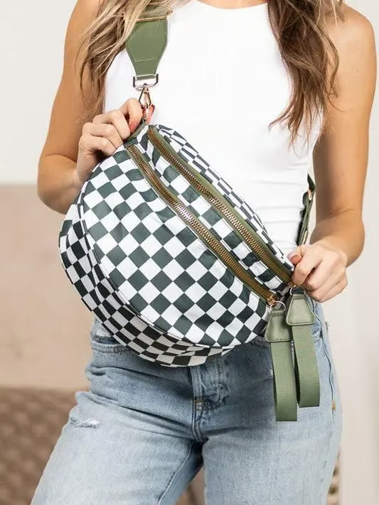 Schwarz-weiß kariertes Nylon-Bauchtasche