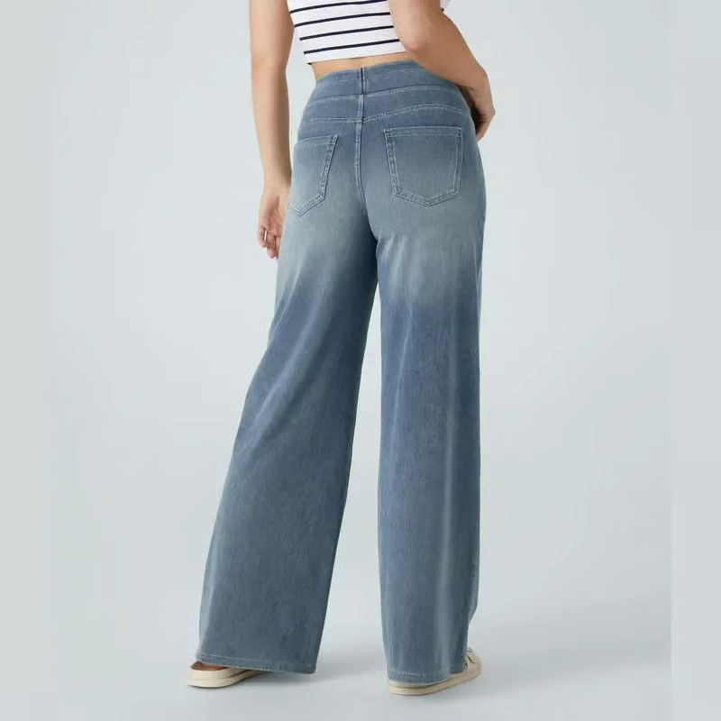 Damen High-Waist Baggy Weite Bein Stretch Strick-Jeans mit mehreren Taschen – Bequeme Casual Denim