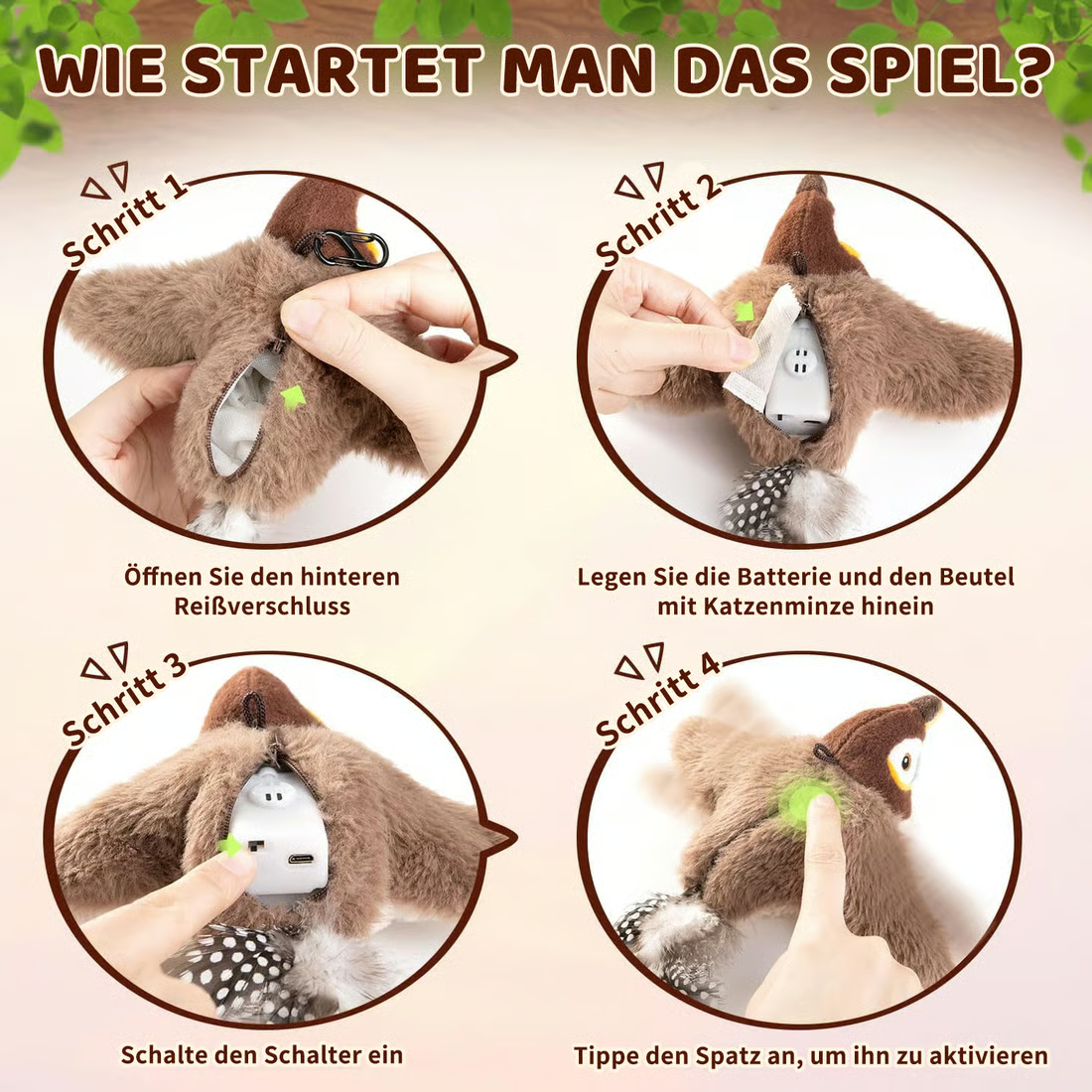 Flappendes Vogel-Katzenspielzeug – USB-aufladbarer und bewegungsaktivierter zwitschernder Vogel