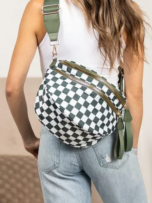 Schwarz-weiß kariertes Nylon-Bauchtasche
