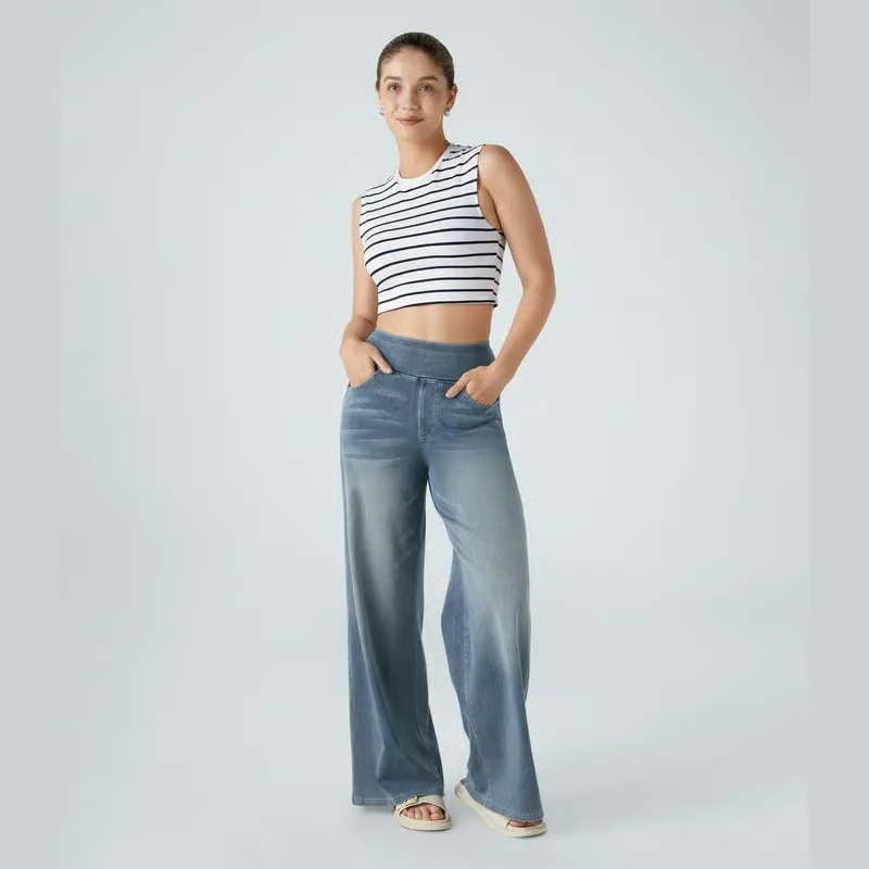 Damen High-Waist Baggy Weite Bein Stretch Strick-Jeans mit mehreren Taschen – Bequeme Casual Denim