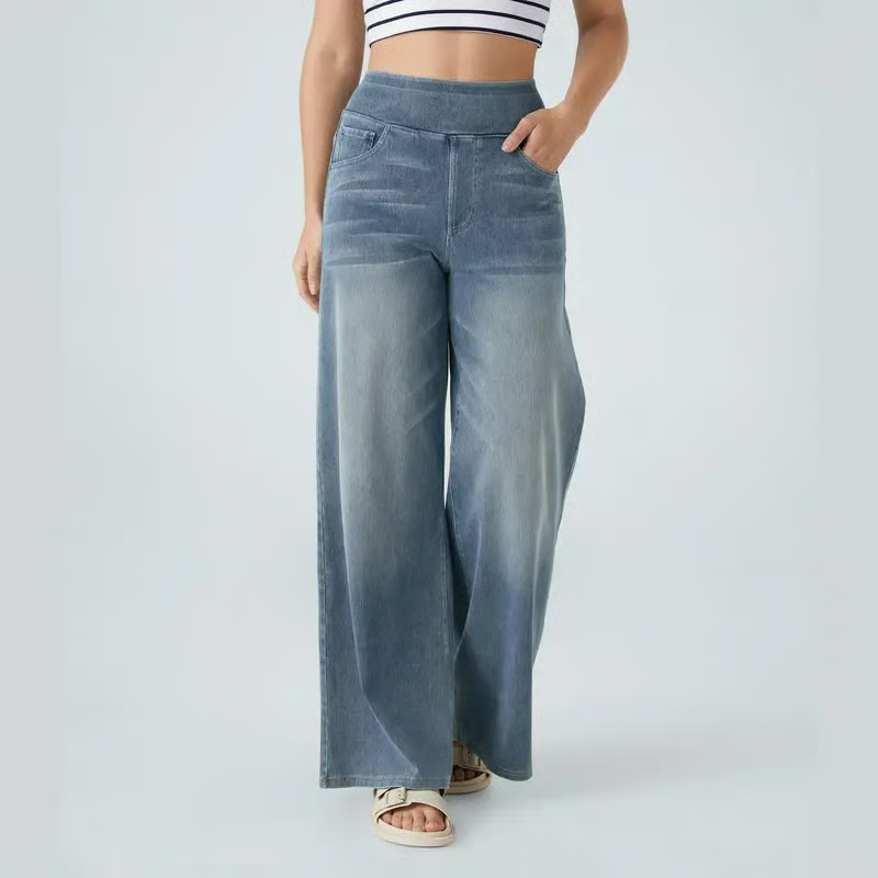 Damen High-Waist Baggy Weite Bein Stretch Strick-Jeans mit mehreren Taschen – Bequeme Casual Denim