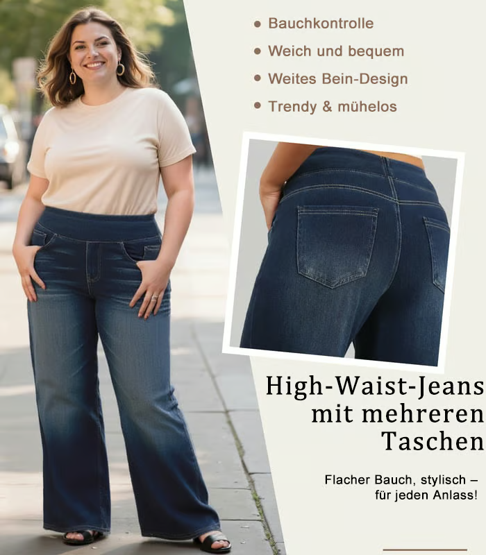 Damen High-Waist Baggy Weite Bein Stretch Strick-Jeans mit mehreren Taschen – Bequeme Casual Denim