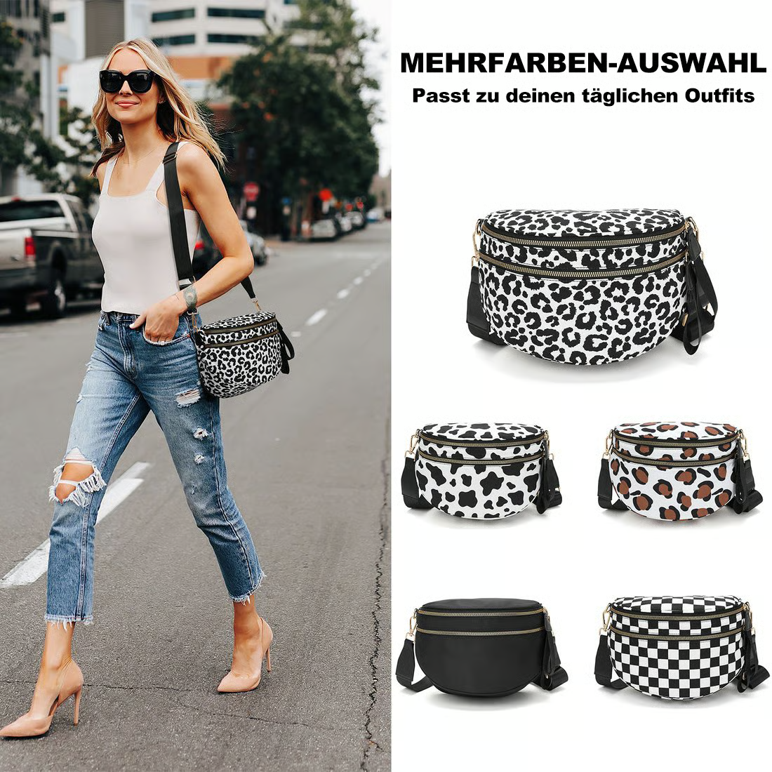 Schwarz-weiß kariertes Nylon-Bauchtasche