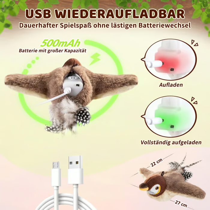 Flappendes Vogel-Katzenspielzeug – USB-aufladbarer und bewegungsaktivierter zwitschernder Vogel