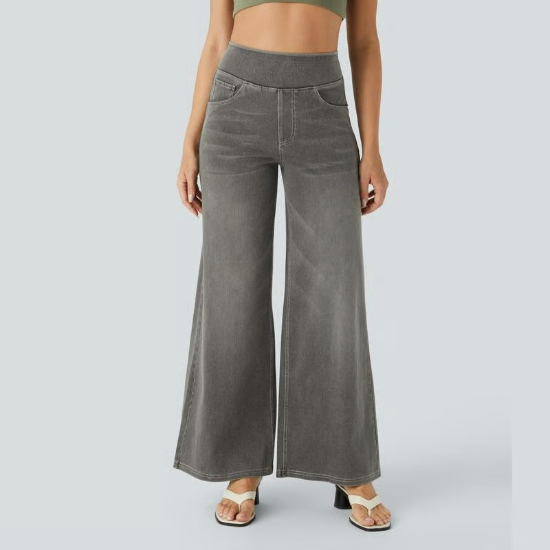 Damen High-Waist Baggy Weite Bein Stretch Strick-Jeans mit mehreren Taschen – Bequeme Casual Denim