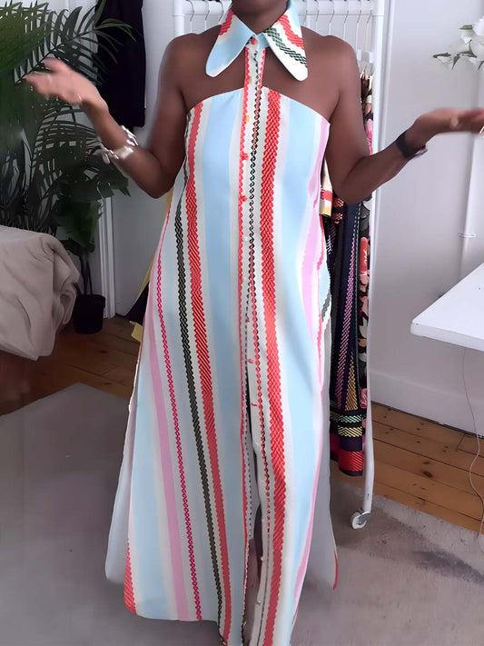 Kleid mit Schulterfreier-Stil und Streifenmuster