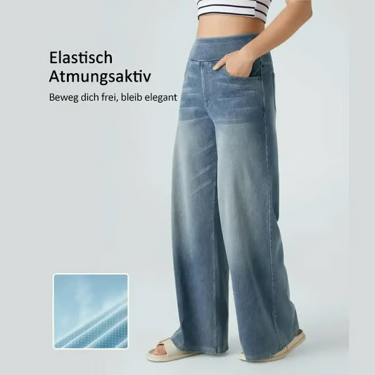 Damen High-Waist Baggy Weite Bein Stretch Strick-Jeans mit mehreren Taschen – Bequeme Casual Denim