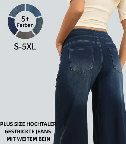 Damen High-Waist Baggy Weite Bein Stretch Strick-Jeans mit mehreren Taschen – Bequeme Casual Denim