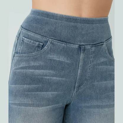 Damen High-Waist Baggy Weite Bein Stretch Strick-Jeans mit mehreren Taschen – Bequeme Casual Denim