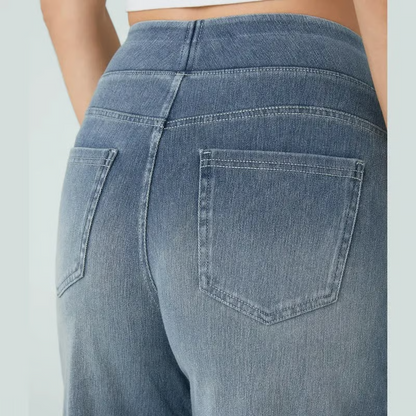 Damen High-Waist Baggy Weite Bein Stretch Strick-Jeans mit mehreren Taschen – Bequeme Casual Denim