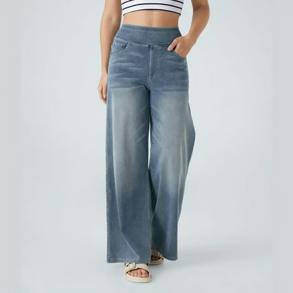 Damen High-Waist Baggy Weite Bein Stretch Strick-Jeans mit mehreren Taschen – Bequeme Casual Denim