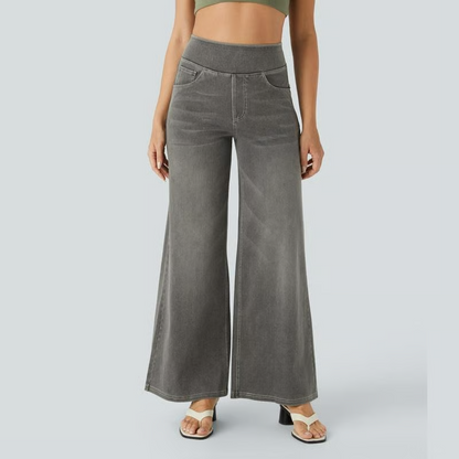 Damen High-Waist Baggy Weite Bein Stretch Strick-Jeans mit mehreren Taschen – Bequeme Casual Denim